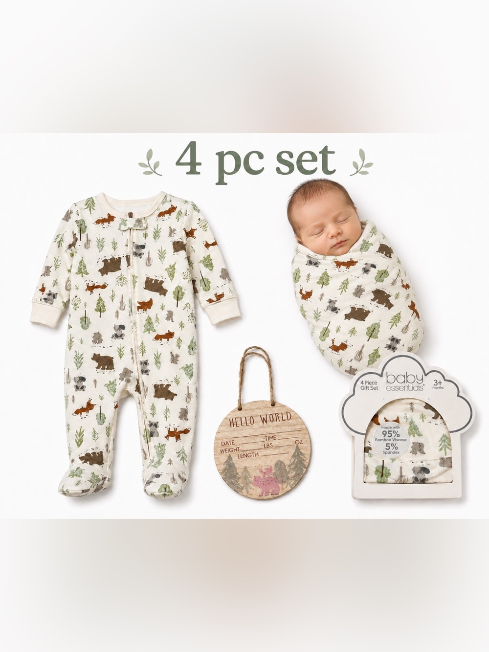 NWT Baby Essentials bamboo 4 Piece hello world baby announcement set 3M.